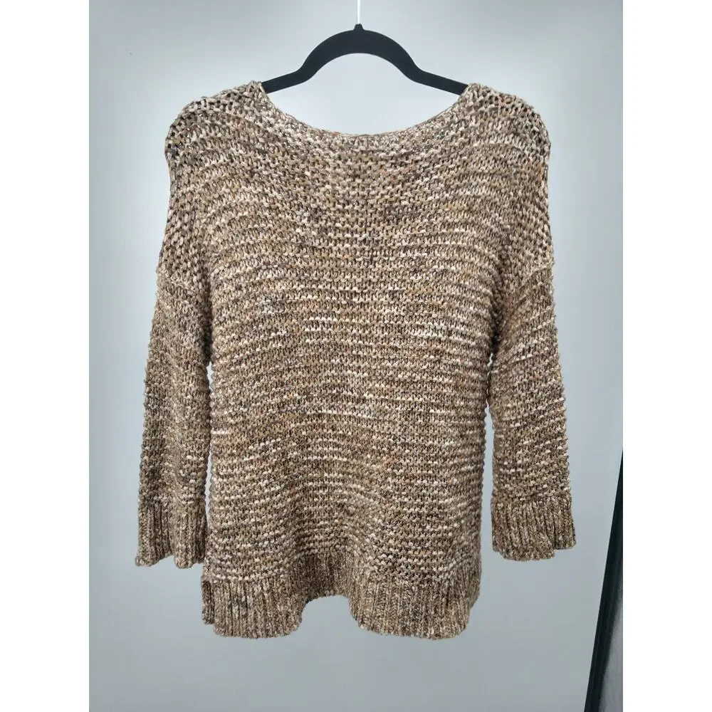 Chico's Sweater 2 L Textured Sherri Pullover‎ Marled Knit 3/4 Sleeve Neutral